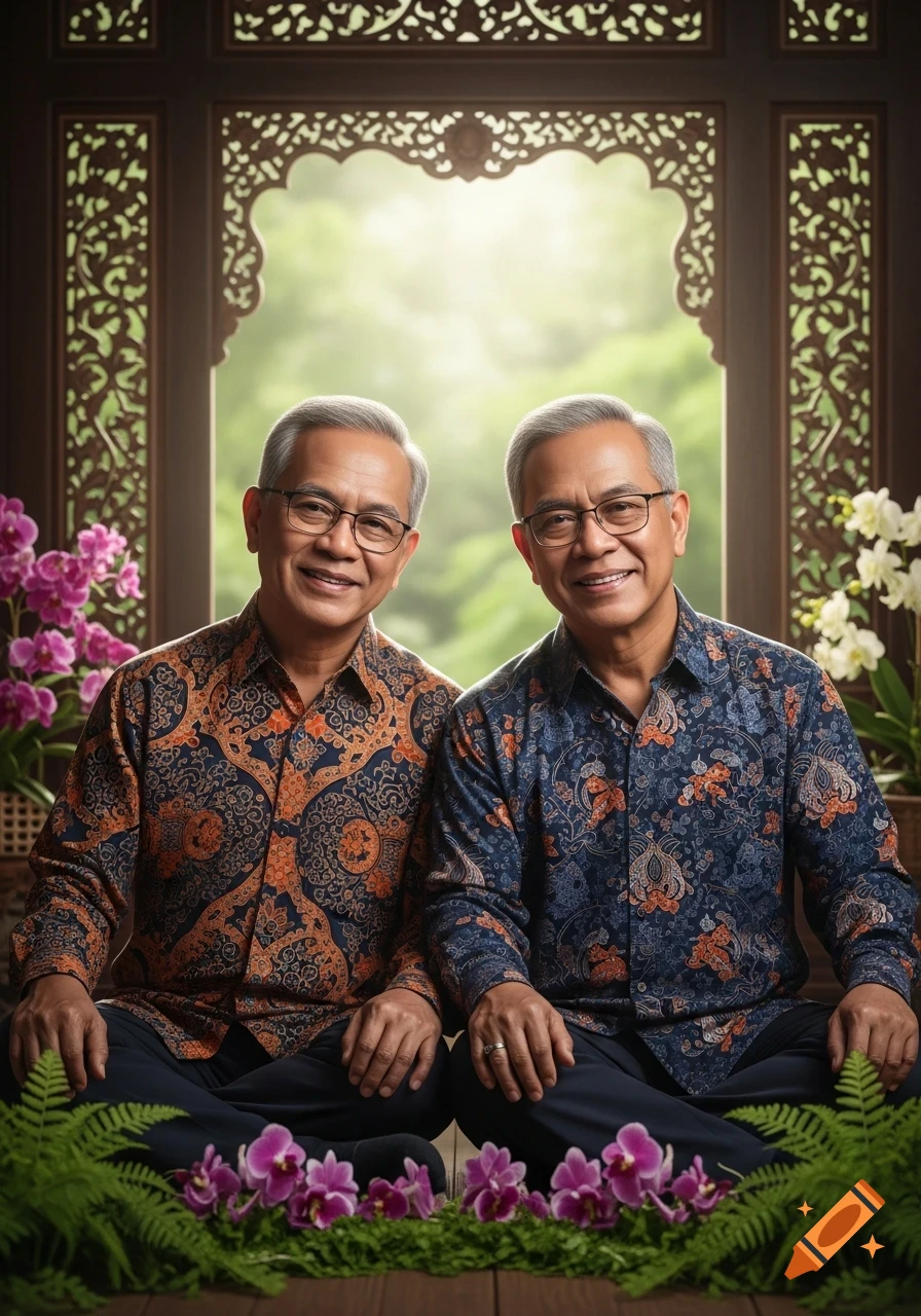 Two smiling older men in ornate patterned batik shirts sit before a decorative wooden window with orchids and ferns.