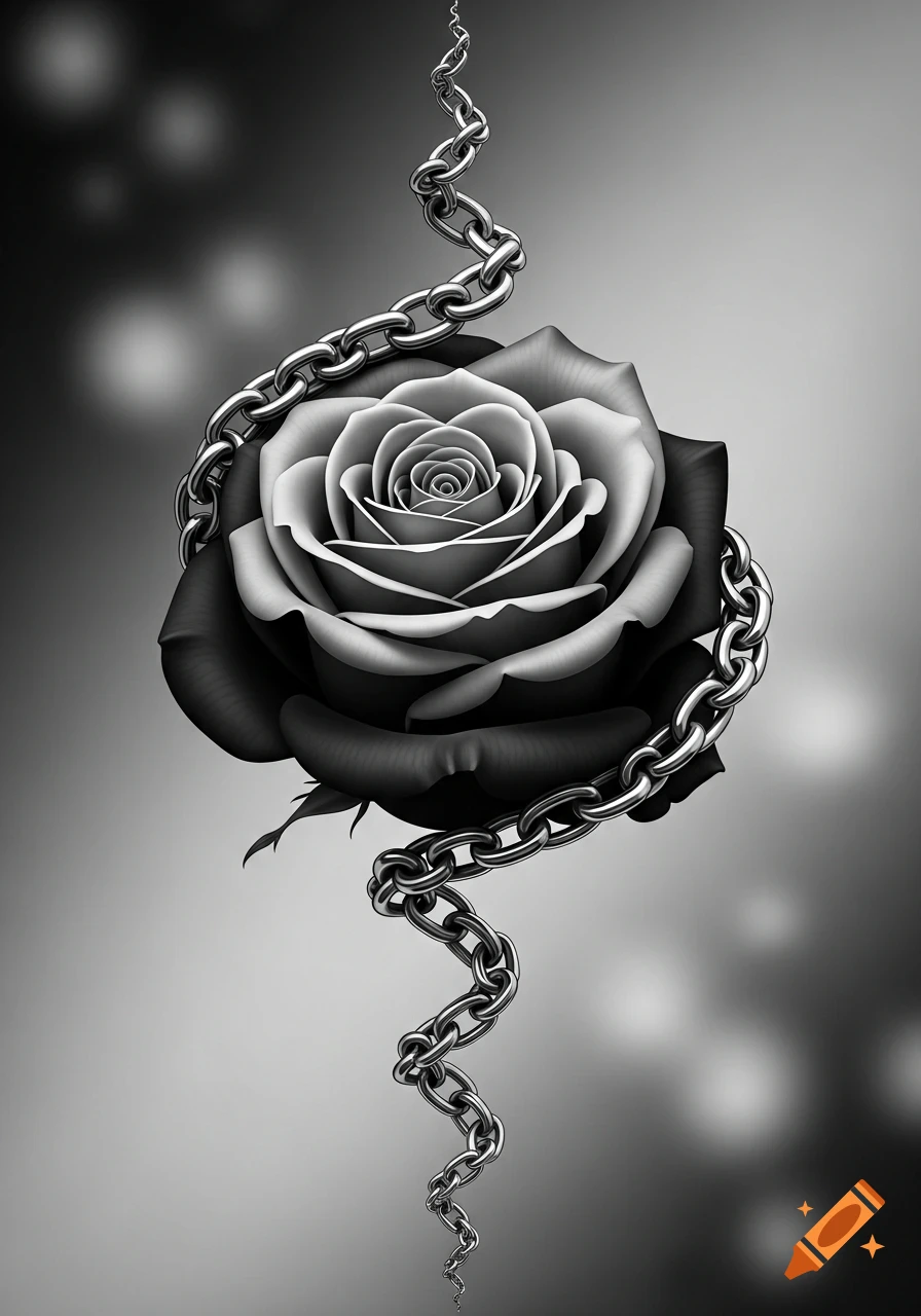 A monochrome black and white rose with an open bloom, wrapped in a silver chain that coils around it and extends downward, on a blurry gradient background.