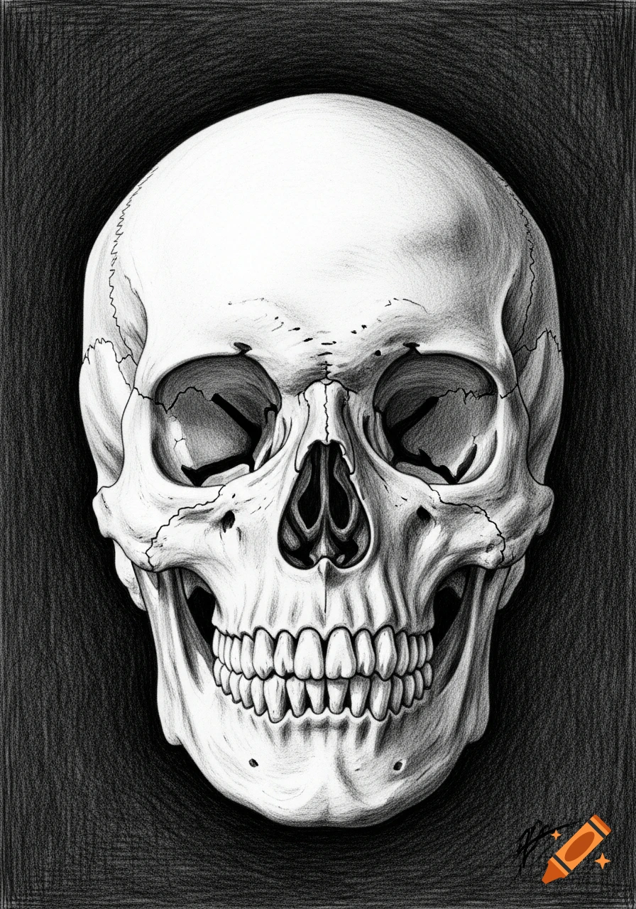 A detailed black and white pencil drawing of a human skull against a dark, textured background.
