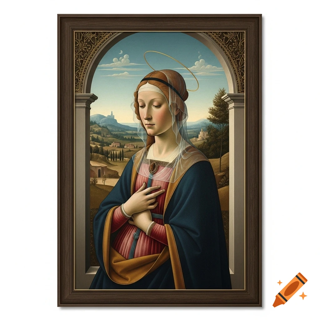 Renaissance painting of a woman with a halo, hands clasped, within an arched frame showing a landscape.