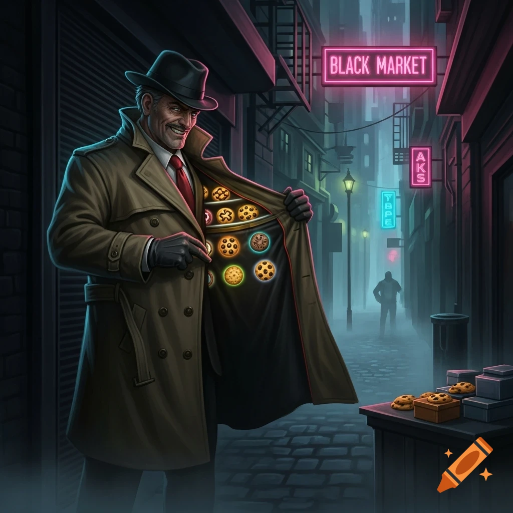 An illustrative image of a man in a trench coat, reminiscent of a shady dealer, opening his coat to reveal various cookies in a dark, neon-lit urban alley.