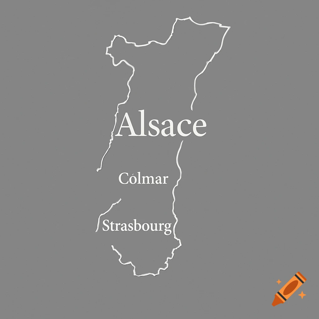 White outline map of the Alsace region in France on a gray background, with the names Alsace, Colmar, and Strasbourg.