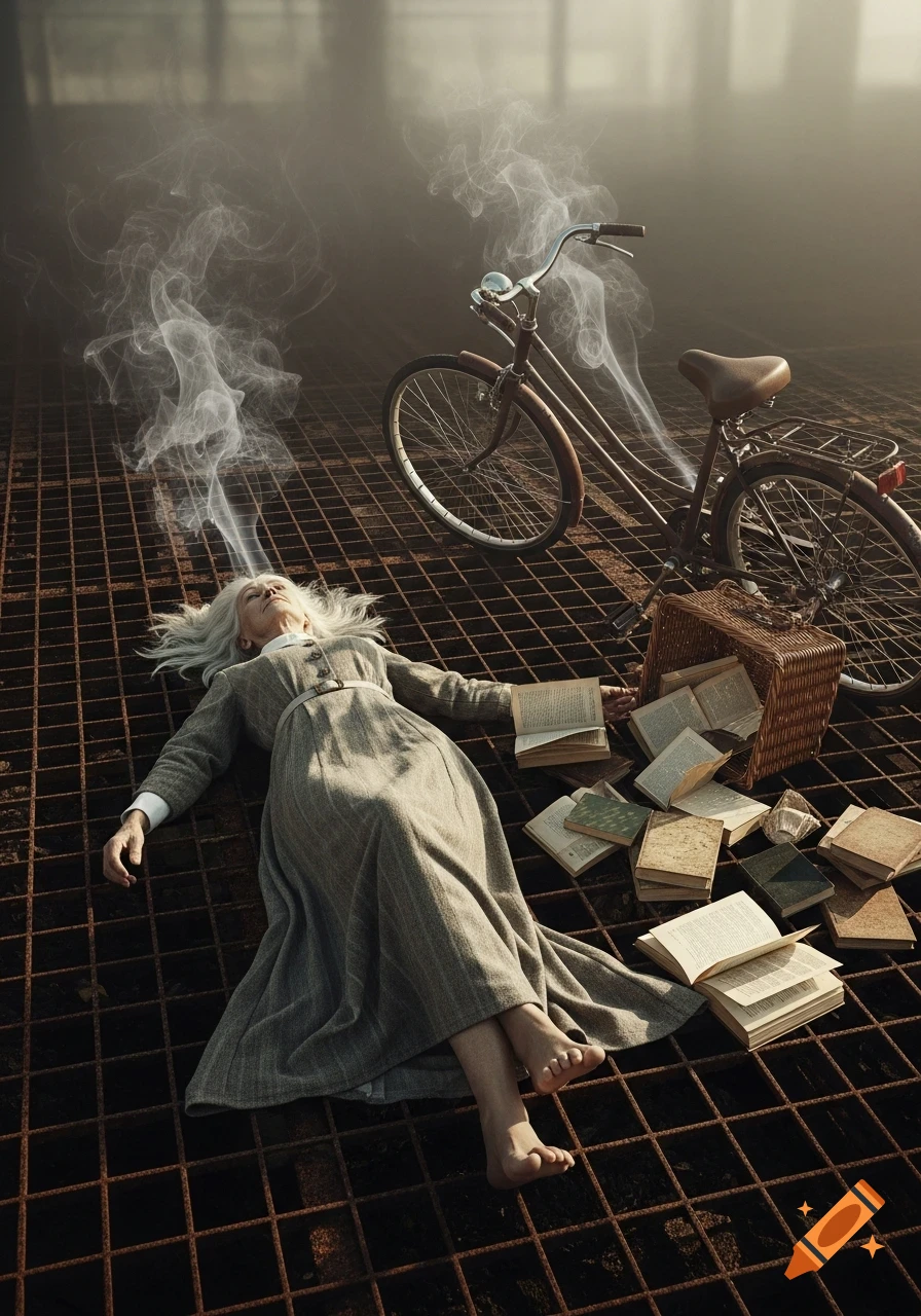 An elderly woman with white hair lies on a metal grate, with smoke emanating from her head. A bicycle and scattered books are nearby, creating a surreal scene.