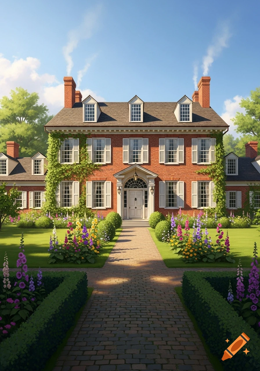Grand red brick colonial house with white shutters and ivy, fronted by a lush garden with colorful flowers and a brick path.