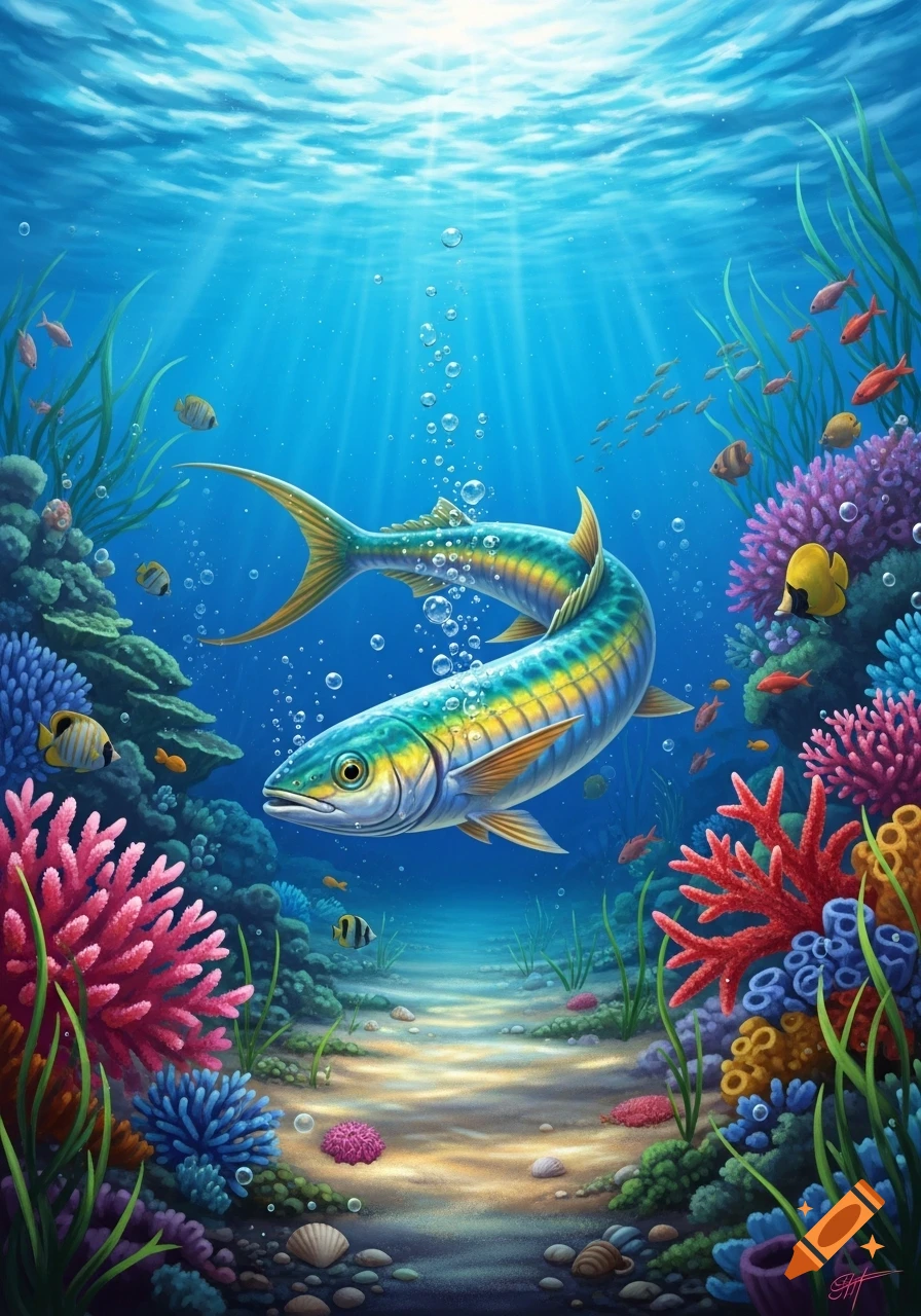 Vibrant illustration of a colorful fish swimming in a coral reef, with sun rays piercing the blue water.