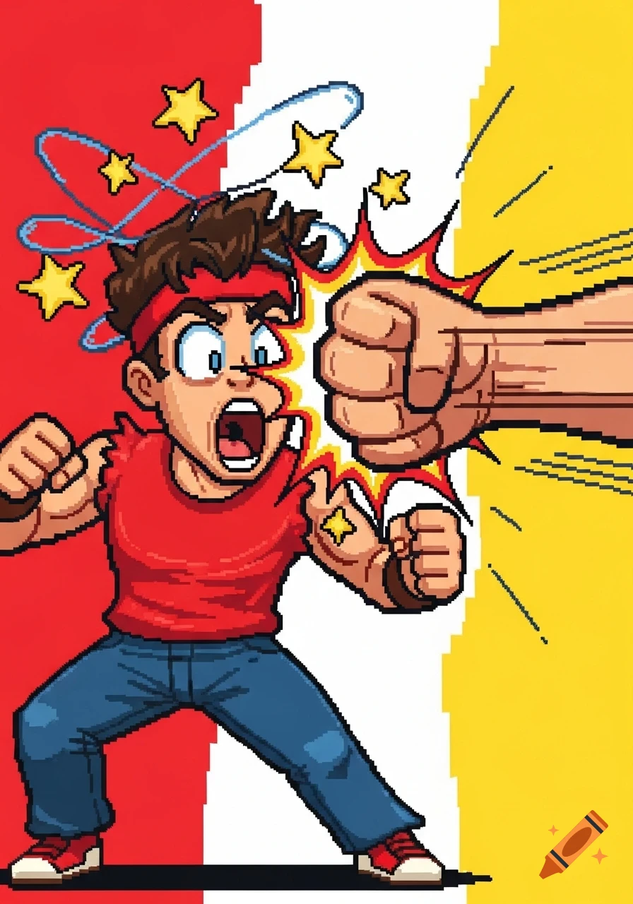 Pixel art cartoon of a man in a red shirt getting punched in the face, with stars circling his head.