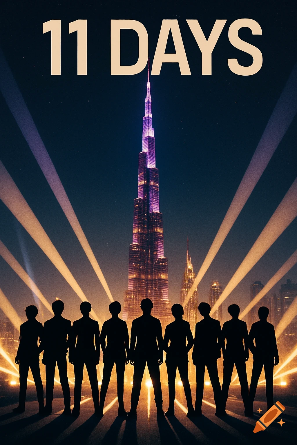 Silhouettes of a K-pop group in front of the Dubai skyline with the glowing Burj Khalifa at night, with text "11 DAYS" above, in purple and gold lighting.
