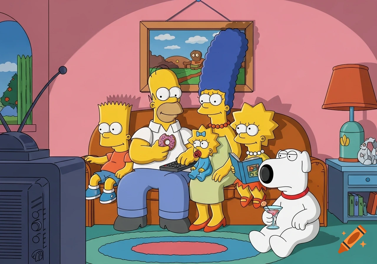 The Simpsons family, including Homer, Marge, Bart, Lisa, and Maggie, sit on a couch watching TV, with Brian from Family Guy sitting on the floor next to them, holding a martini.