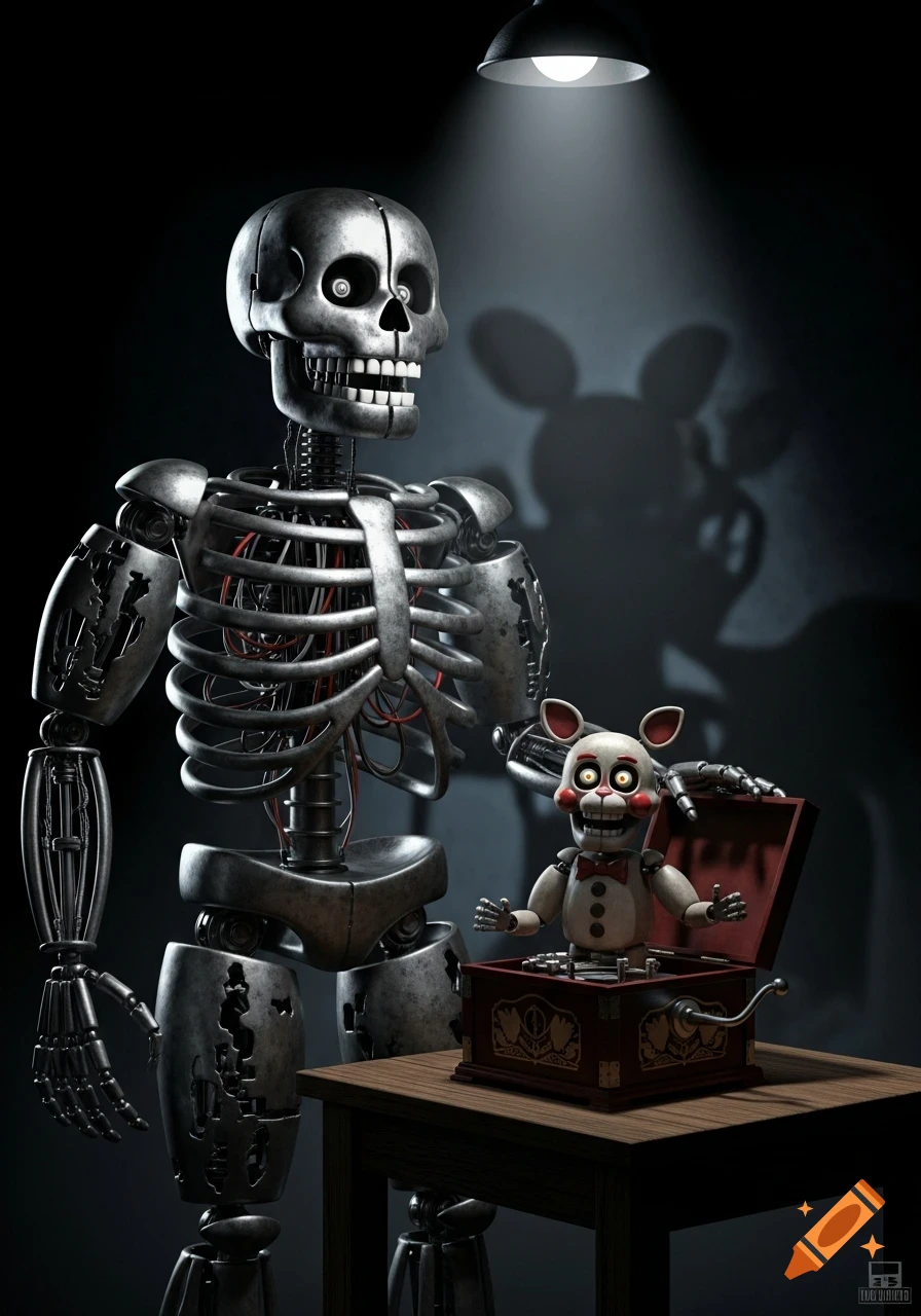 A detailed, photorealistic image of the Endo-02 robot standing next to a Mangle-like animatronic popping out of a jack-in-the-box, both lit by a single spotlight in a dark room.