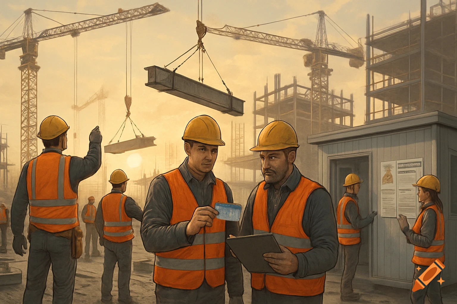 Construction workers in hard hats and orange safety vests on a busy construction site with cranes and rising buildings at sunset.