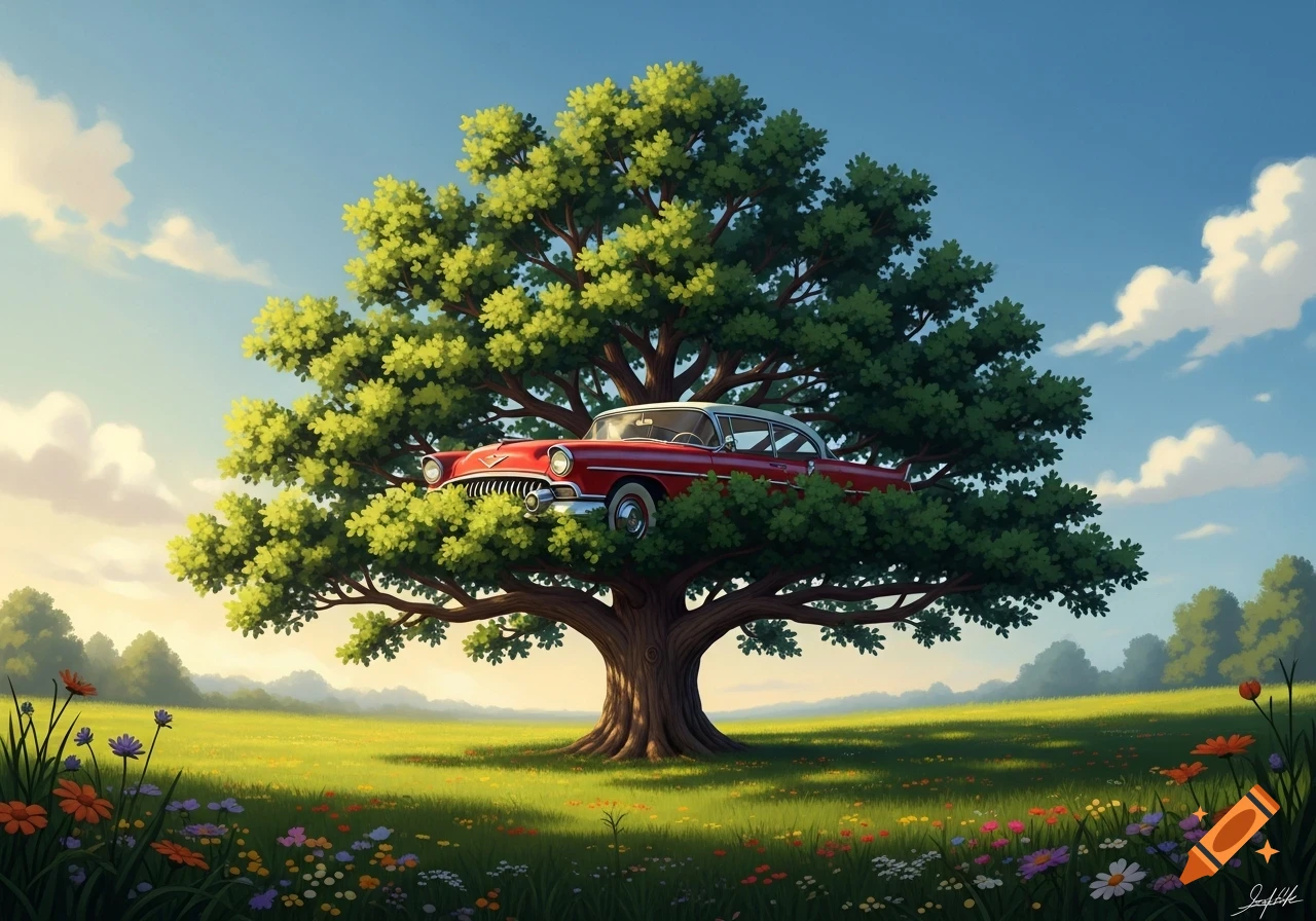 A whimsical illustration of a red classic car nestled in the branches of a large green tree in a sunny field with wildflowers.