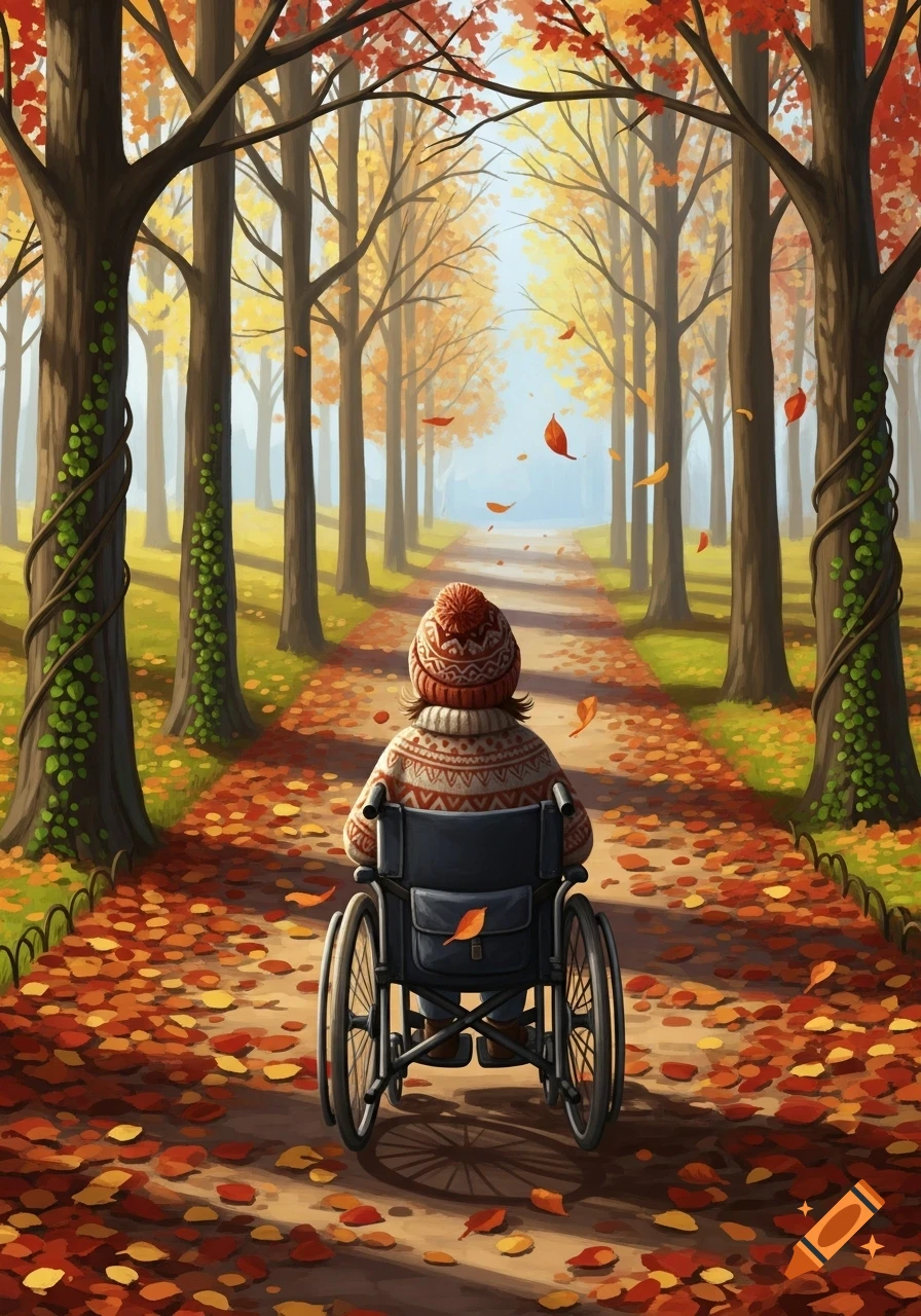 Digital illustration of a child in a wheelchair on a path, surrounded by trees and colorful autumn leaves in a park.