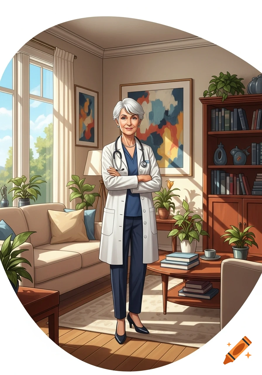 An illustrated elderly female doctor with short white hair, smiling and standing with crossed arms in a bright, plant-filled living room.