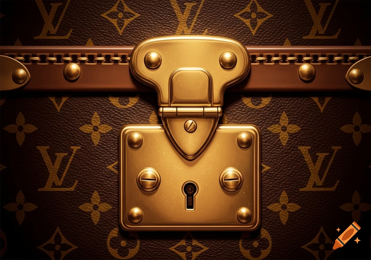 Close-up of a shiny gold Louis Vuitton trunk lock and latch against a textured brown monogrammed background with a zipper detail.