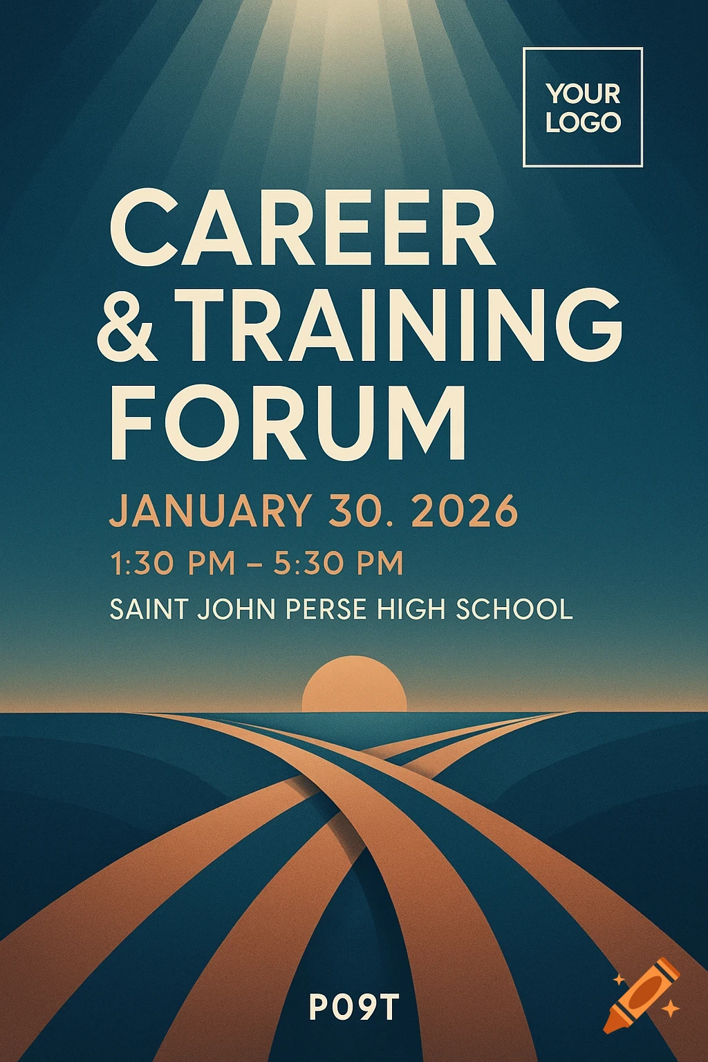 A dark blue poster for a 'Career & Training Forum' on January 30, 2026, with light rays at the top and stylized orange paths converging towards a sunset at the bottom.