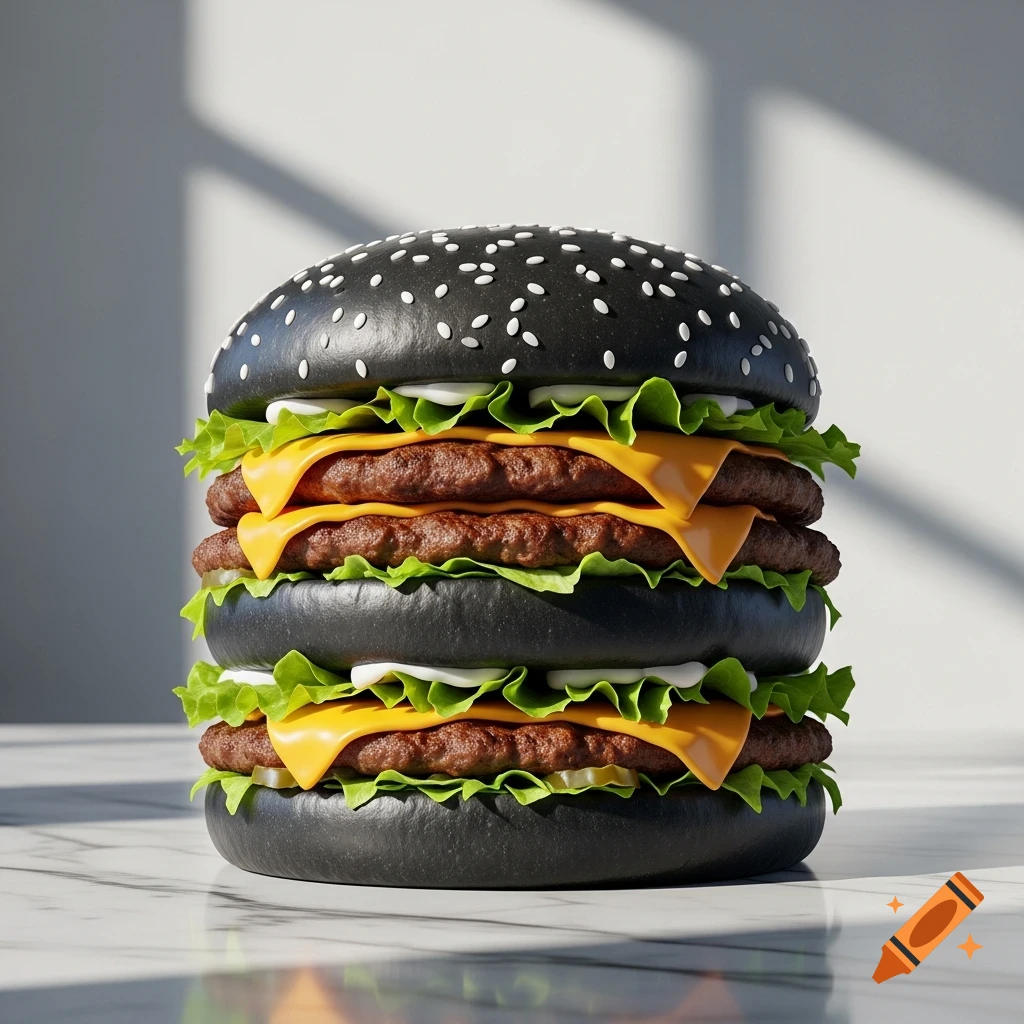 A towering, photorealistic black bun burger with multiple beef patties, melted cheese, and fresh lettuce on a marble surface.