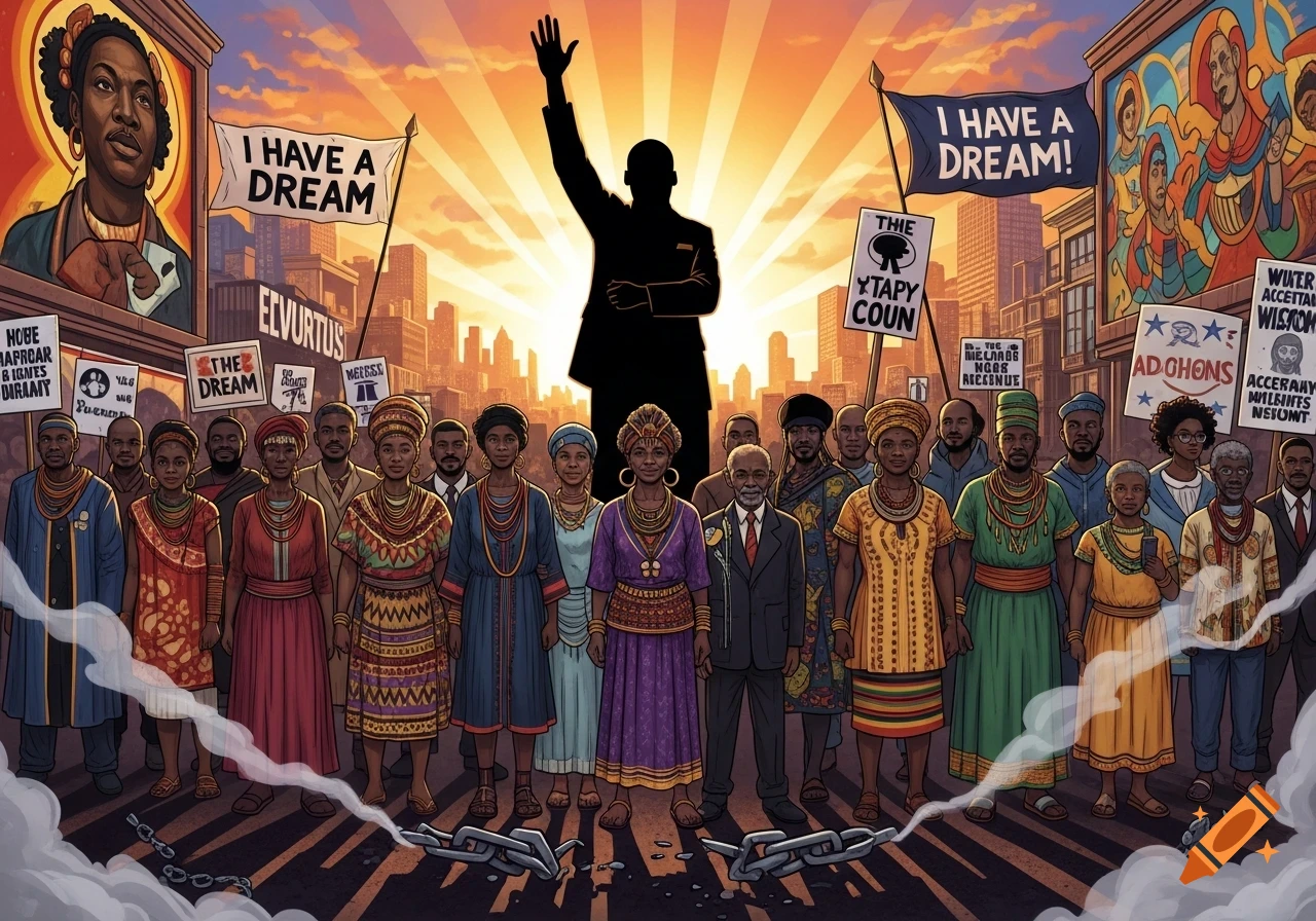 An illustration of a diverse crowd of people, some in traditional African attire, gathered in front of a city skyline at sunset, with a silhouetted figure speaking from a stage. Banners read 'I HAVE A DREAM' and broken chains lay on the ground, symbolizing liberation.