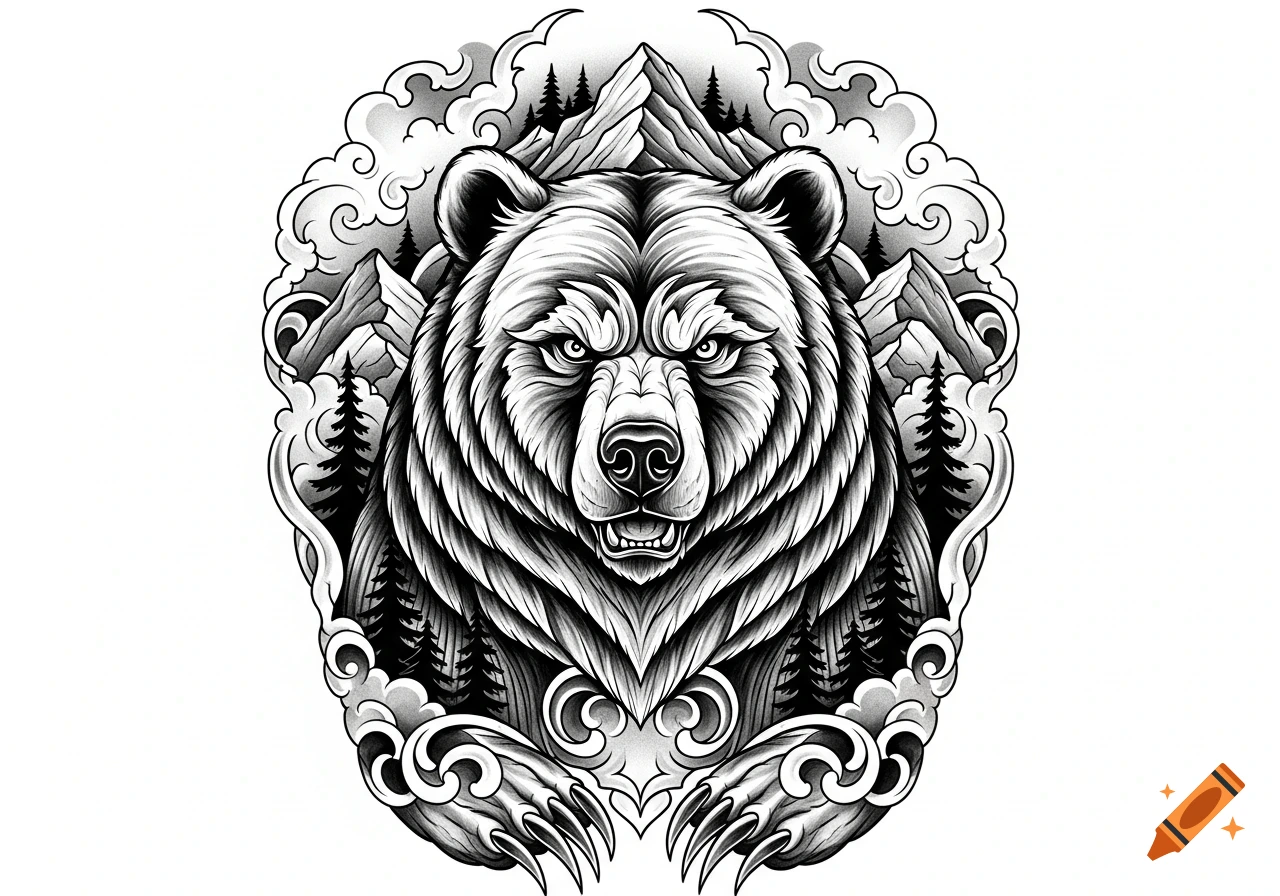 A stylized black and white illustration of a roaring bear's head with mountains, pine trees, and swirling clouds in a tattoo art style.