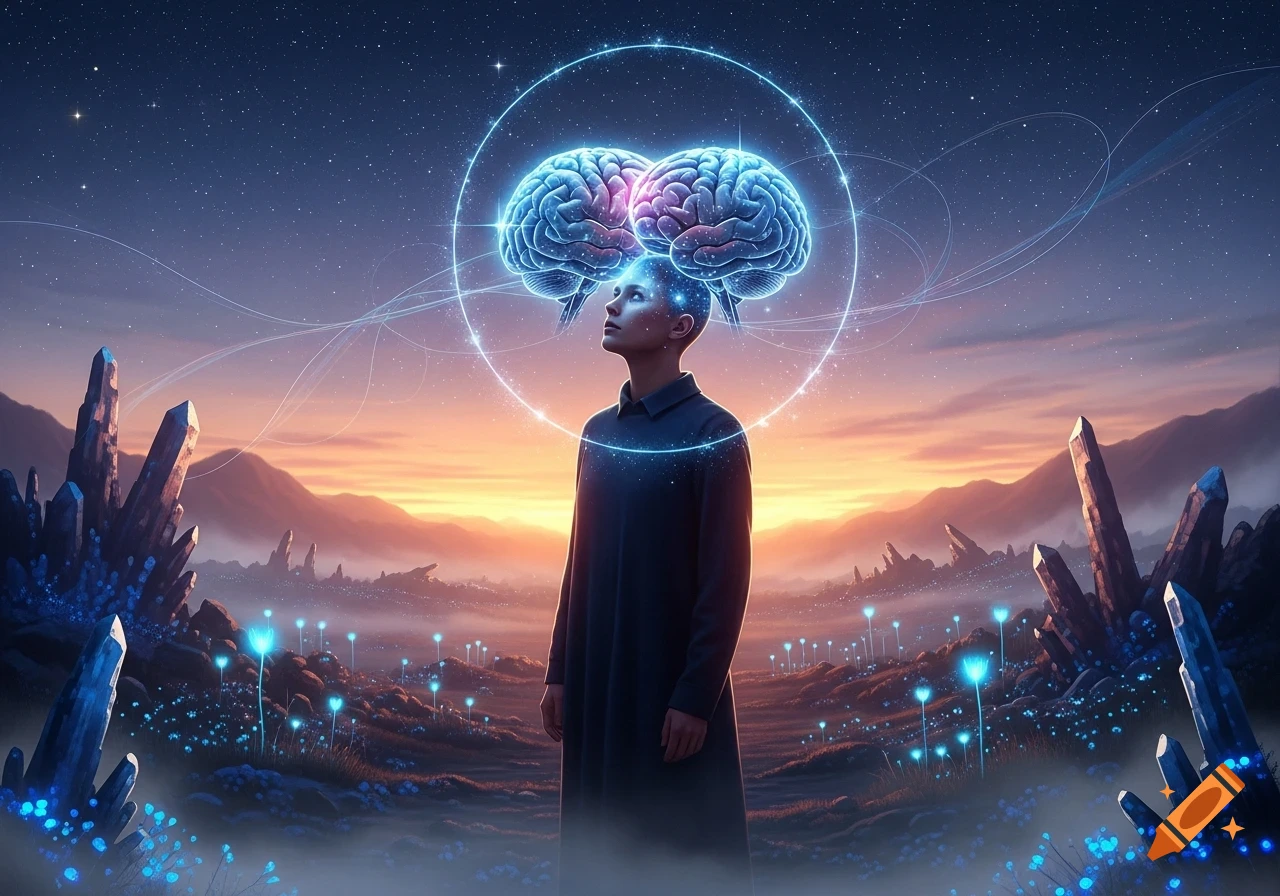 A person with glowing brains above their head stands in a fantastical landscape with glowing crystals and plants under a starry sky.