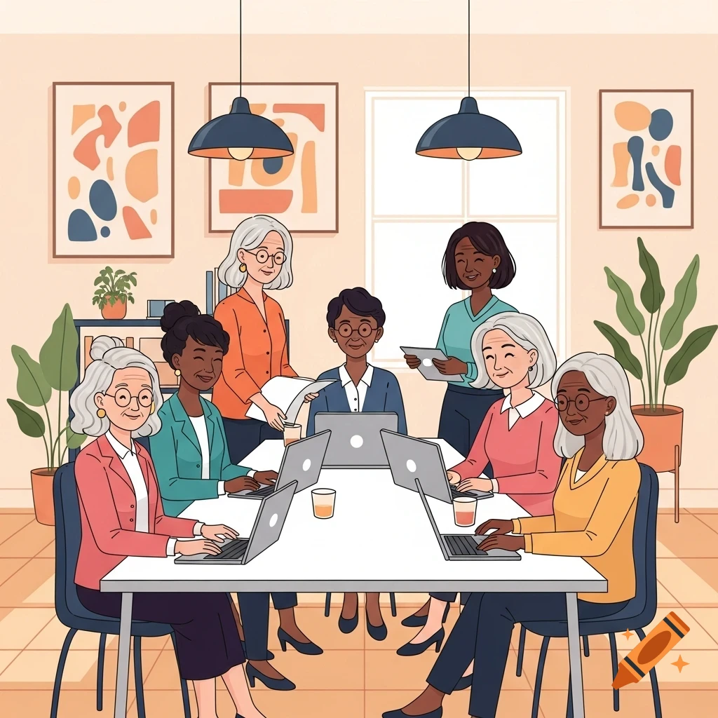 A cute cartoon illustration of six diverse, older women collaborating around a table with laptops in a bright office.