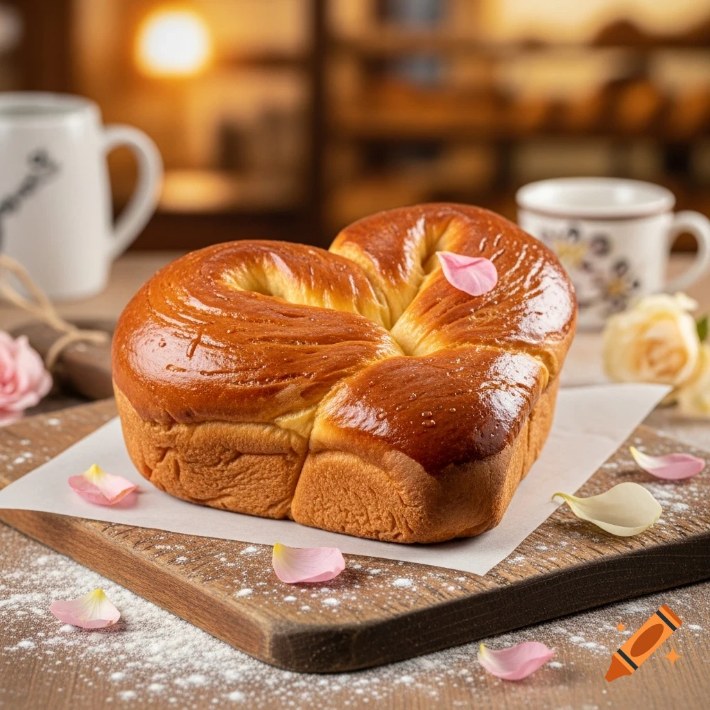 A golden brown, heart-shaped brioche on a wooden cutting board with scattered flour and pink rose petals, in a photorealistic style.