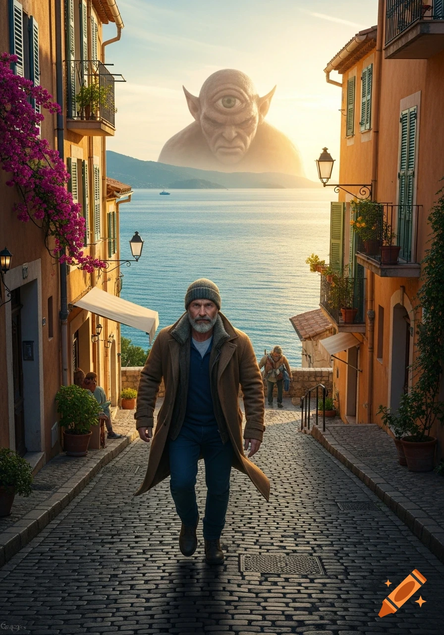 A bearded man in a coat walks down a narrow cobblestone street, with a huge cyclops rising from the sea behind him.