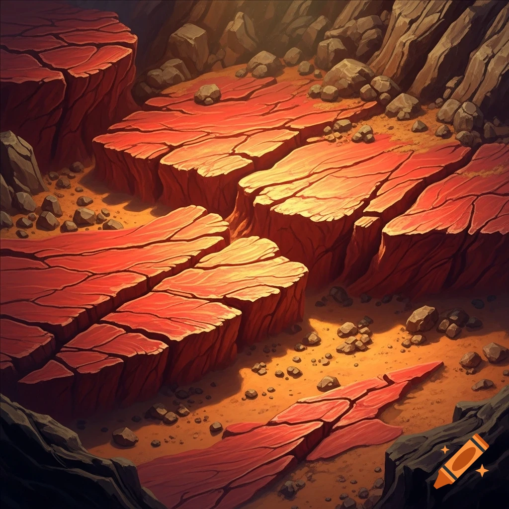 Stylized top-down view of a red and orange desert canyon landscape with cracked rock formations and scattered pebbles.