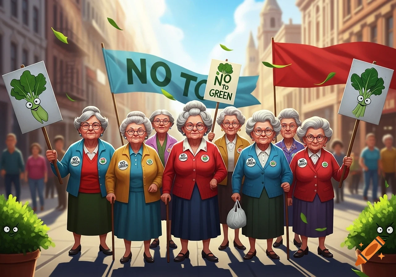 Cartoon illustration of a group of elderly women with gray hair and glasses, marching and protesting against 'Green' with signs and pins, in a city street.