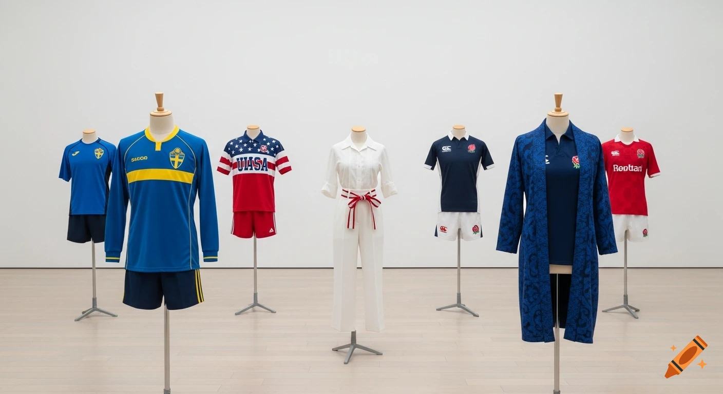 Photorealistic still life of sports uniforms from various countries displayed on mannequins in a bright, modern gallery.