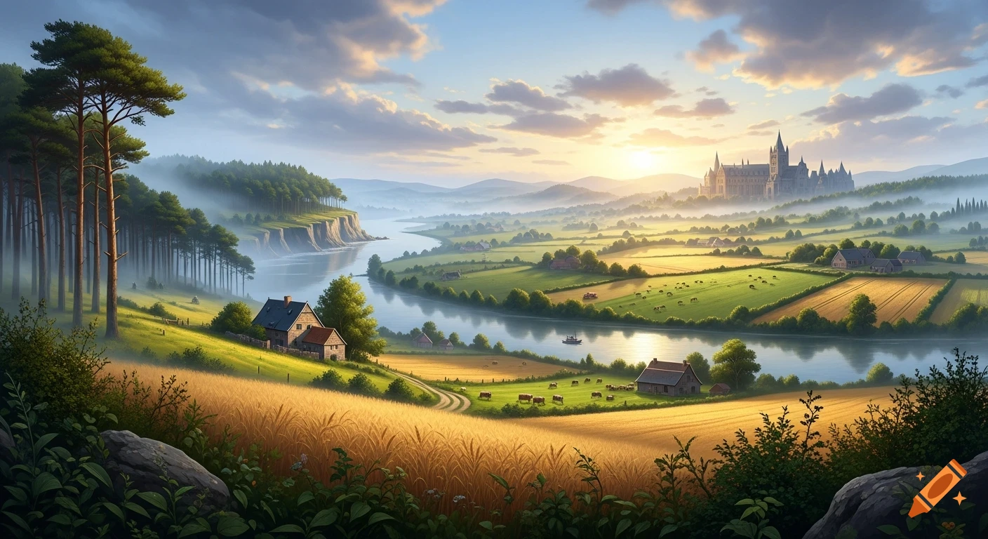 Expansive view of a winding river through a misty, green countryside with golden fields, dense forests, scattered houses, and a majestic castle on a distant hill at sunset.