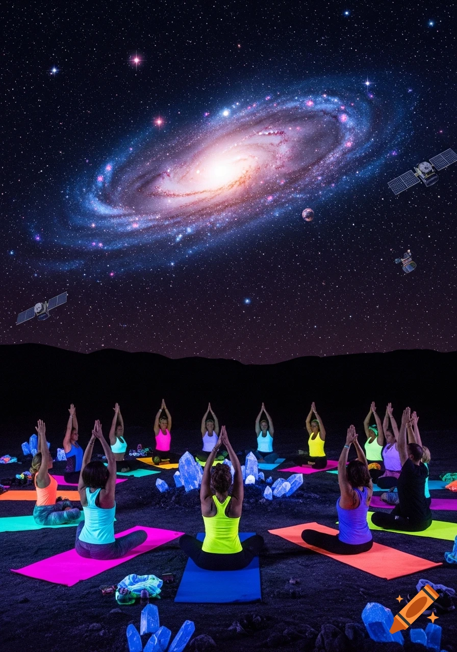 People in neon attire practice yoga under a vibrant galaxy and starry night sky, surrounded by glowing crystals.