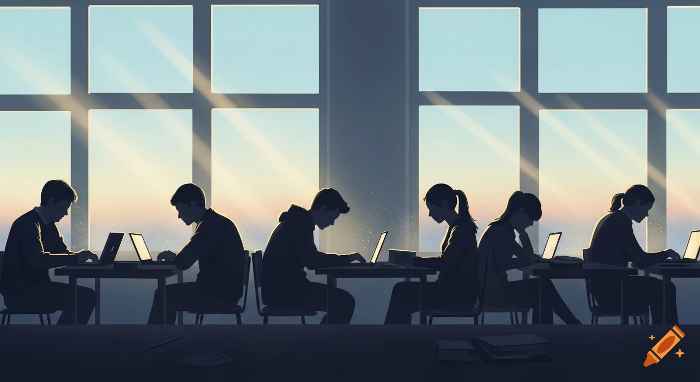 Silhouettes of students working on laptops at desks in front of large sunny windows, digital illustration.