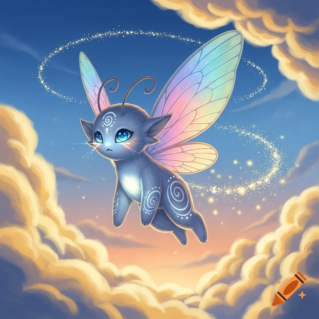 A cute blue fluffy creature with large blue eyes and rainbow butterfly wings flies through golden clouds at sunset, leaving a sparkling trail.