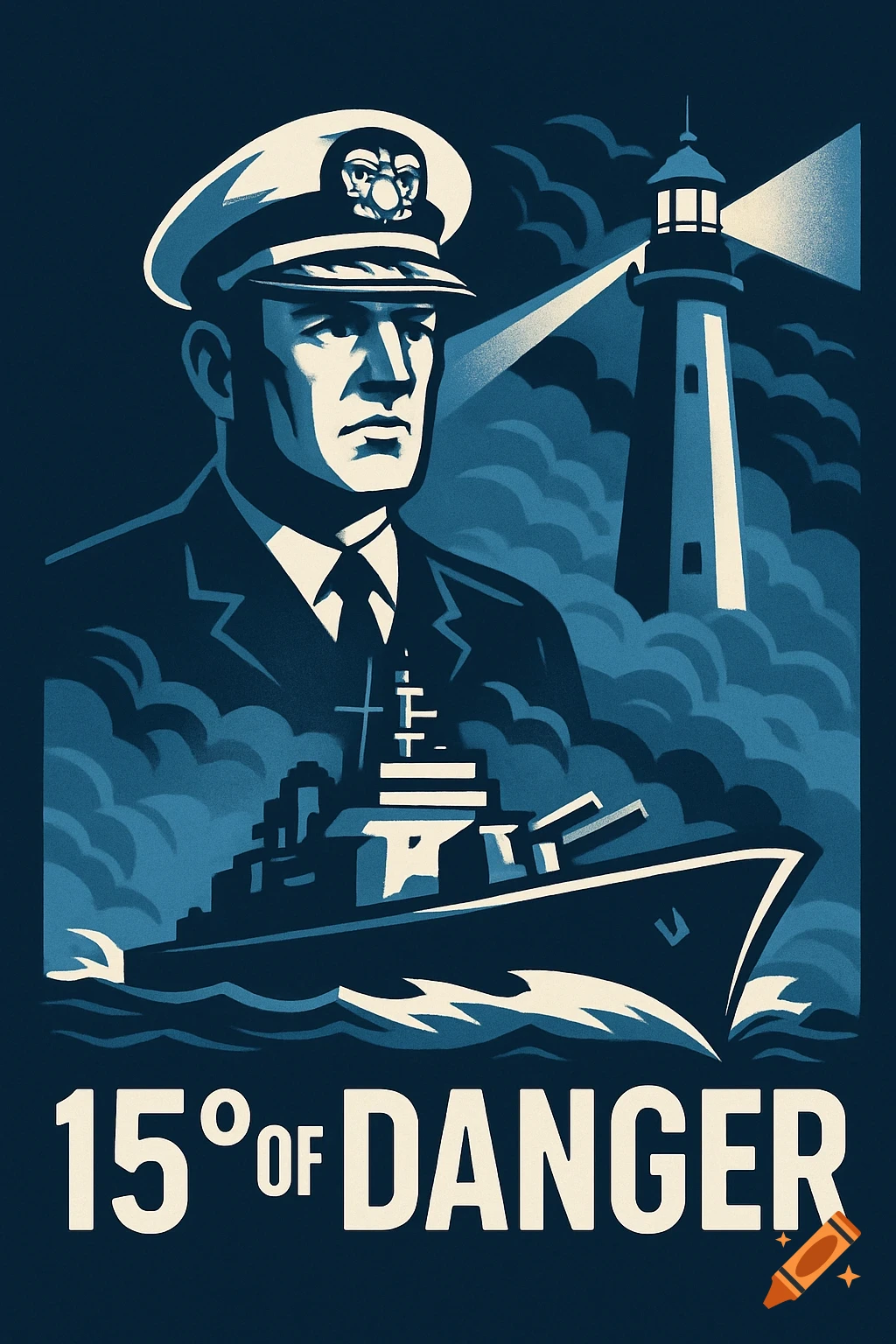 A stylized poster of a naval captain, a battleship, and a lighthouse, with text '150 OF DANGER'.