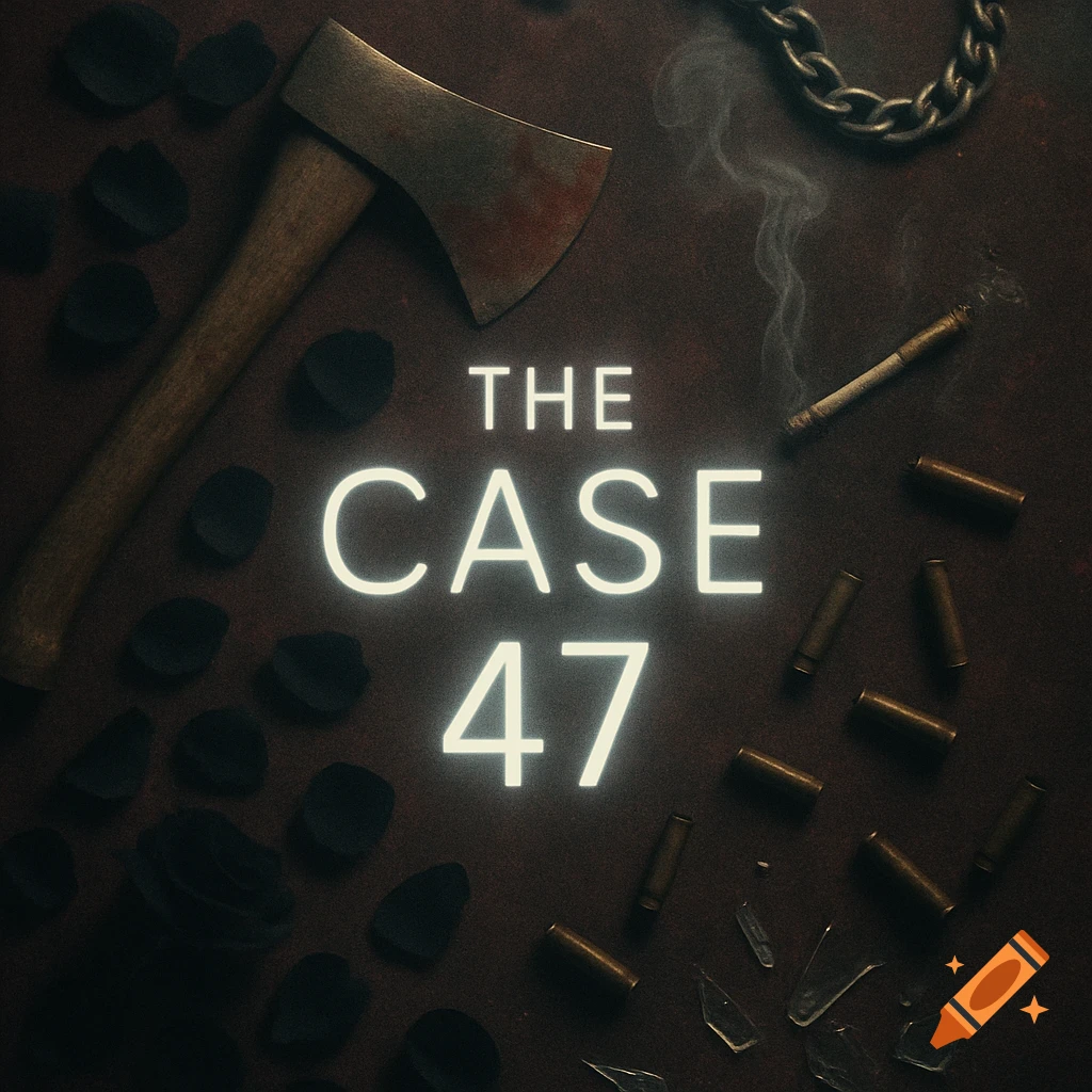 A dark, moody flat lay featuring an axe, bullet casings, broken glass, a chain, and black petals, with "THE CASE 47" in glowing neon text.