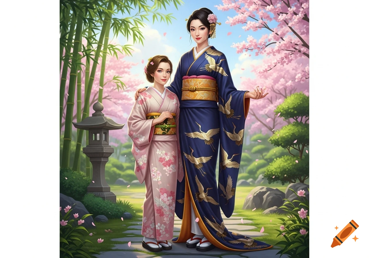 Two women in traditional kimonos stand in a serene Japanese garden with cherry blossoms and bamboo in a stylized illustration.