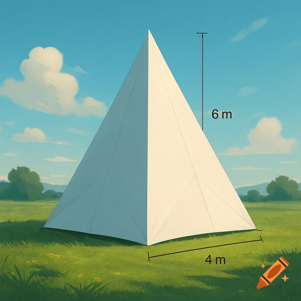An illustration of a white pyramid tent in a green field under a blue sky, labeled with a height of 6m and a base width of 4m.