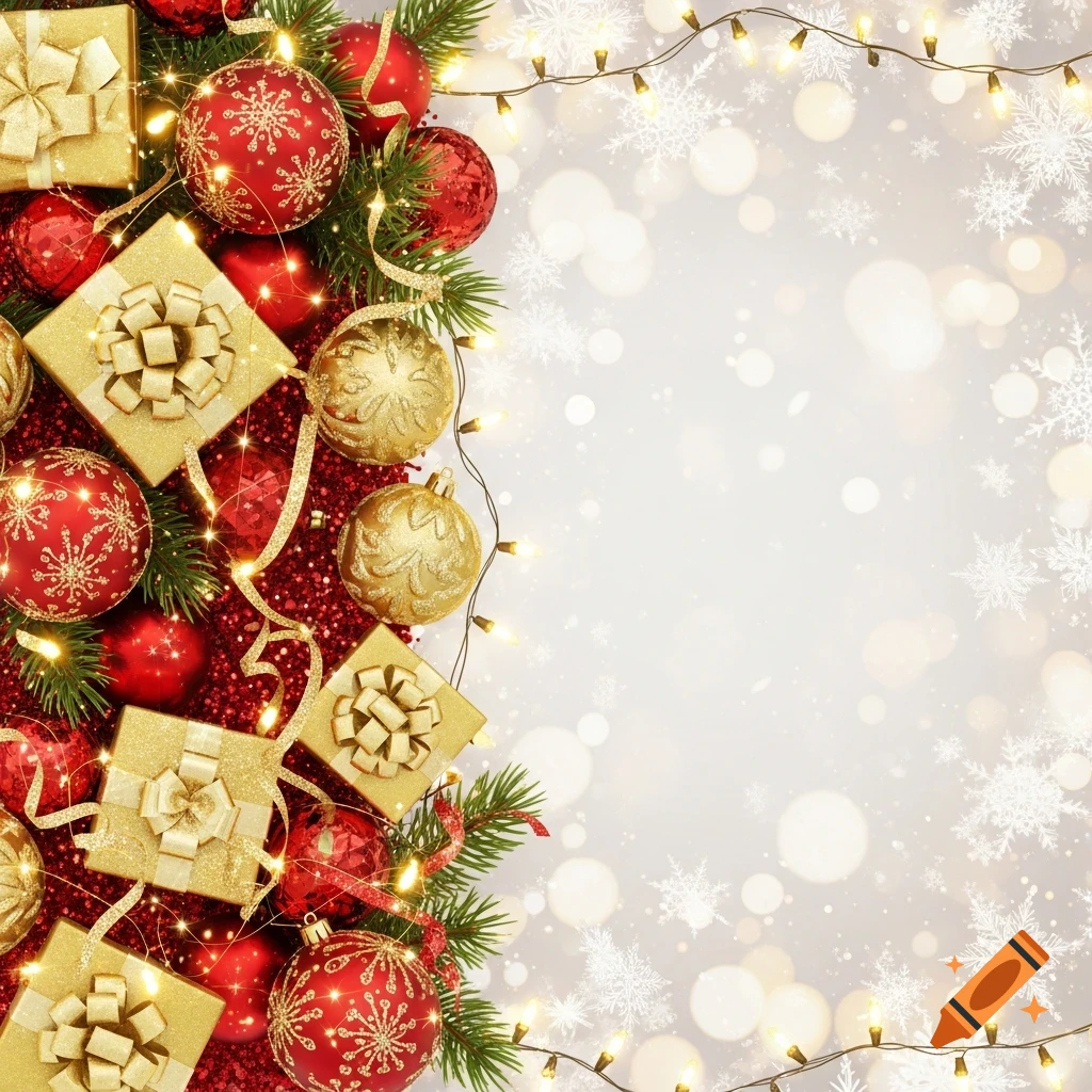 A festive Christmas border frame with red and gold ornaments, gift boxes, string lights, and snowflakes on a bokeh background.