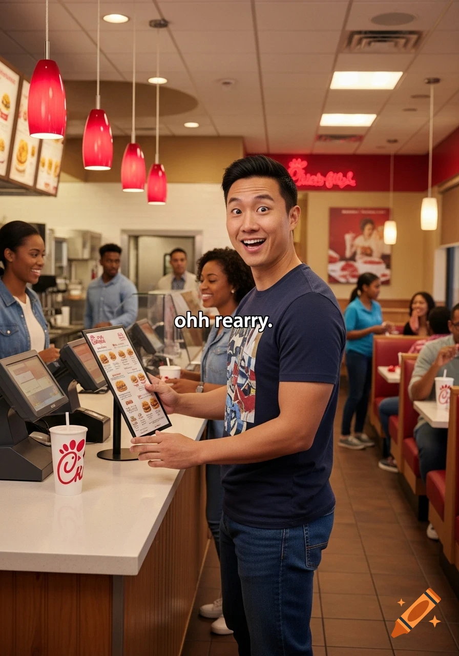 A surprised Asian man holds a menu at a Chick-fil-A restaurant, with a speech bubble 'ohh rearry.'