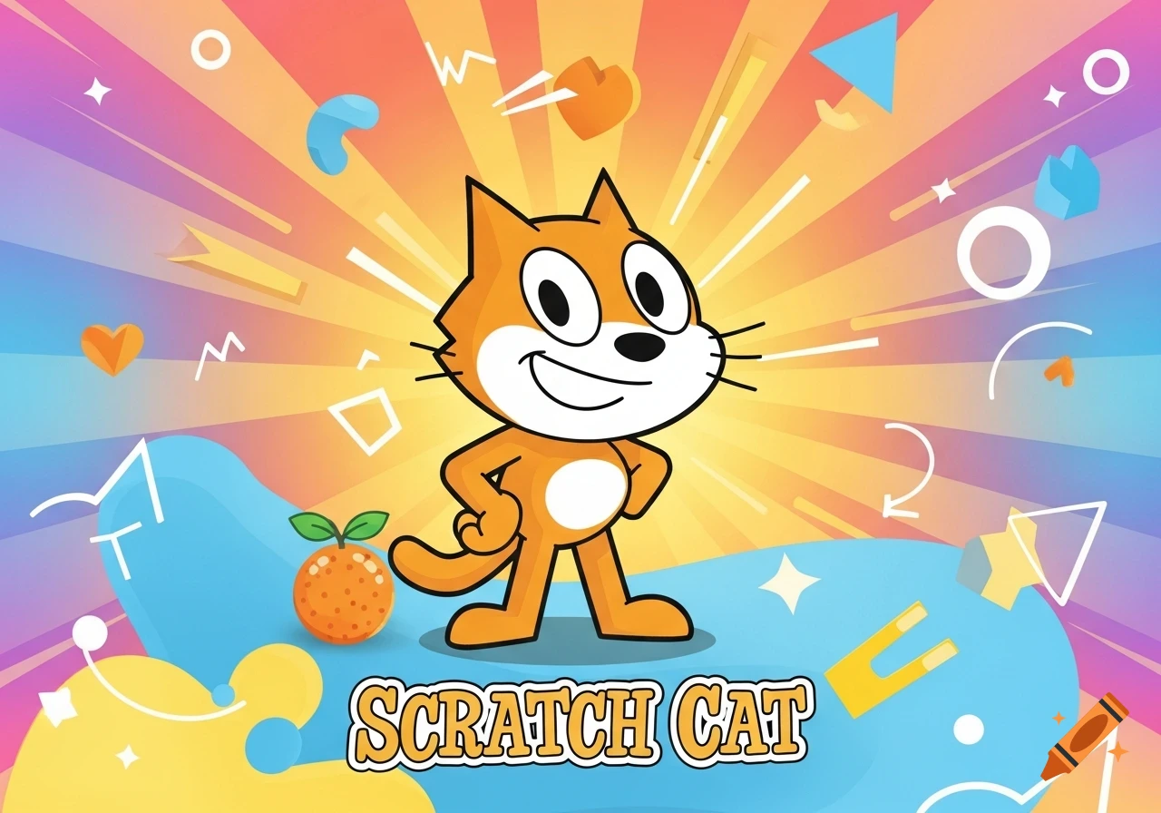 Cartoon Scratch Cat stands smiling on a blue platform with an orange, against a vibrant, colorful radial background with geometric shapes.