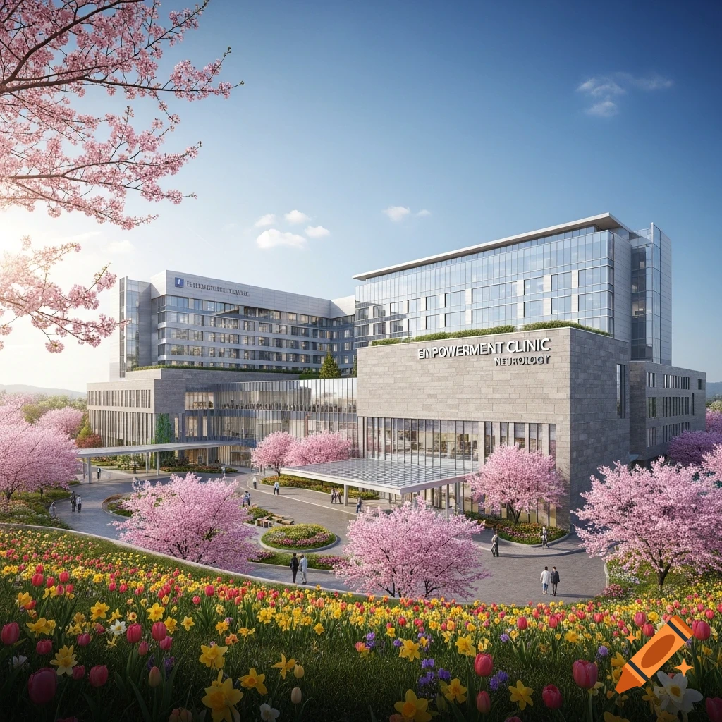 A modern hospital building with glass and stone, surrounded by vibrant spring flowers and cherry blossoms under a blue sky.