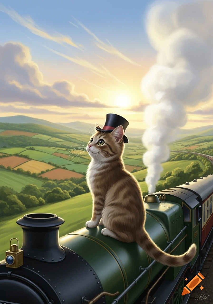 A Charming Tabby Cat In A Top Hat Sits On The Front Of A Green Steam a-charming-tabby-cat-in-a-top-hat-sits-on-the-front-of-a-green-steam