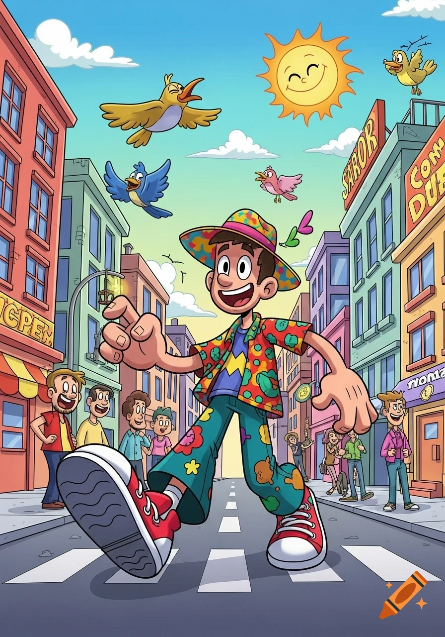 Cartoon man in colorful clothes and a hat strides on a city street, surrounded by buildings, birds, and a smiling sun.