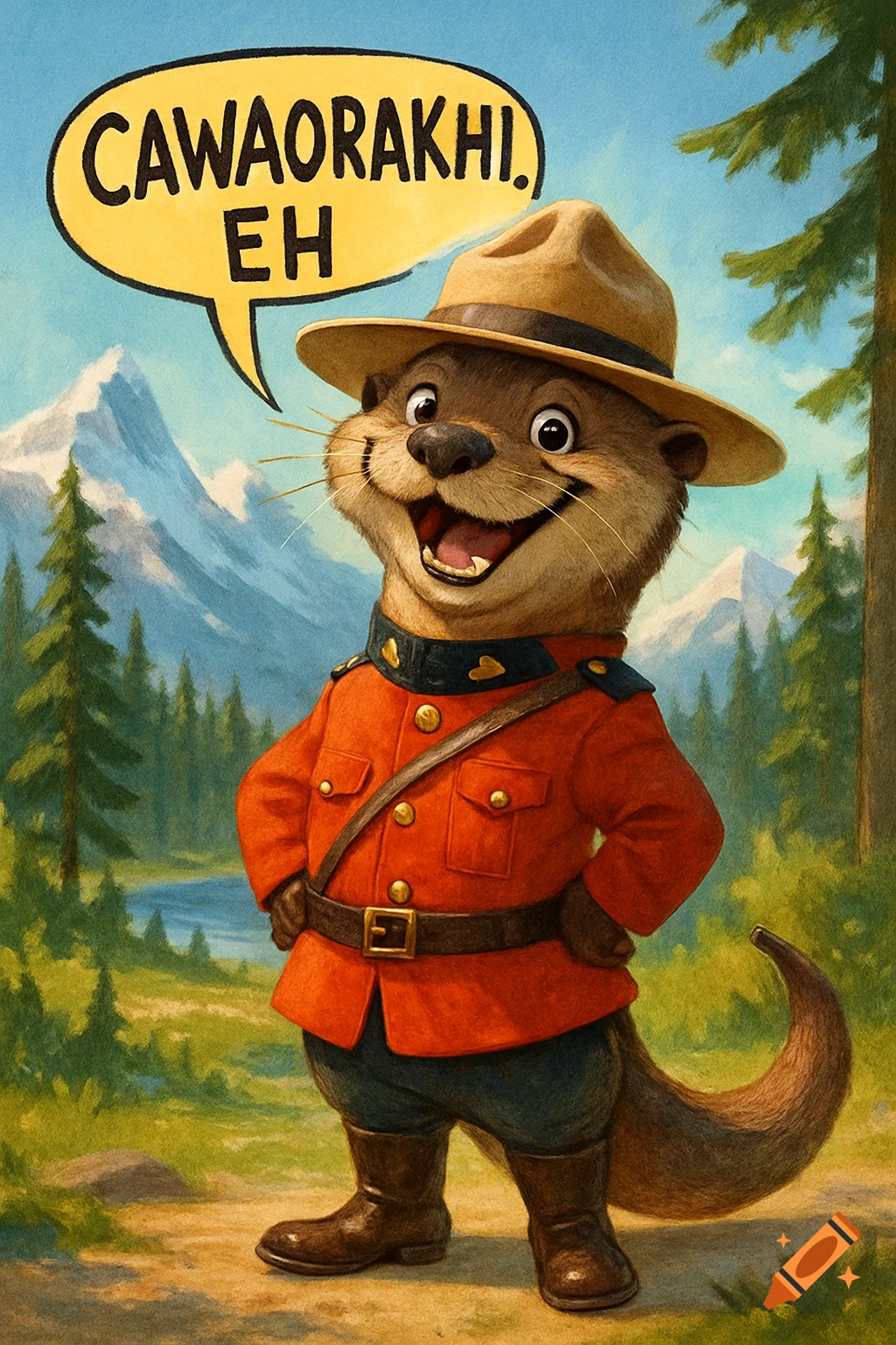 A smiling cartoon otter in a red Canadian Mountie uniform stands in a forest, saying 'CAWAORAKHI, EH'.