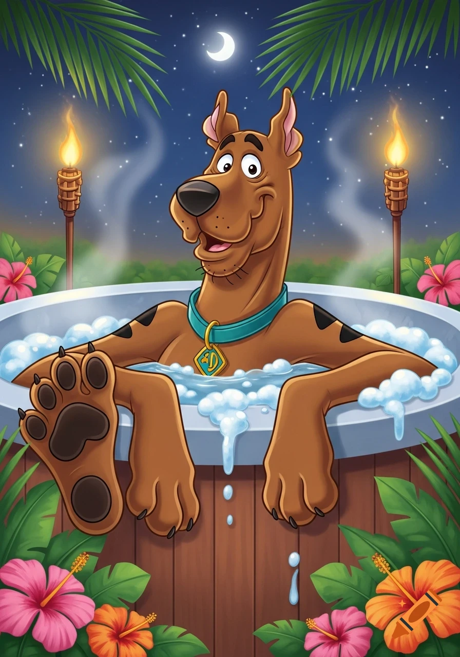 Scooby-Doo relaxes in a bubbly hot tub at night, surrounded by tropical plants, tiki torches, and a crescent moon.