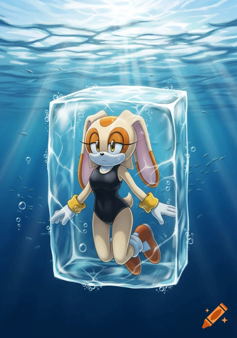 Cartoon Cream the Rabbit from Sonic frozen solid in a block of ice underwater, wearing a black one-piece swimsuit.