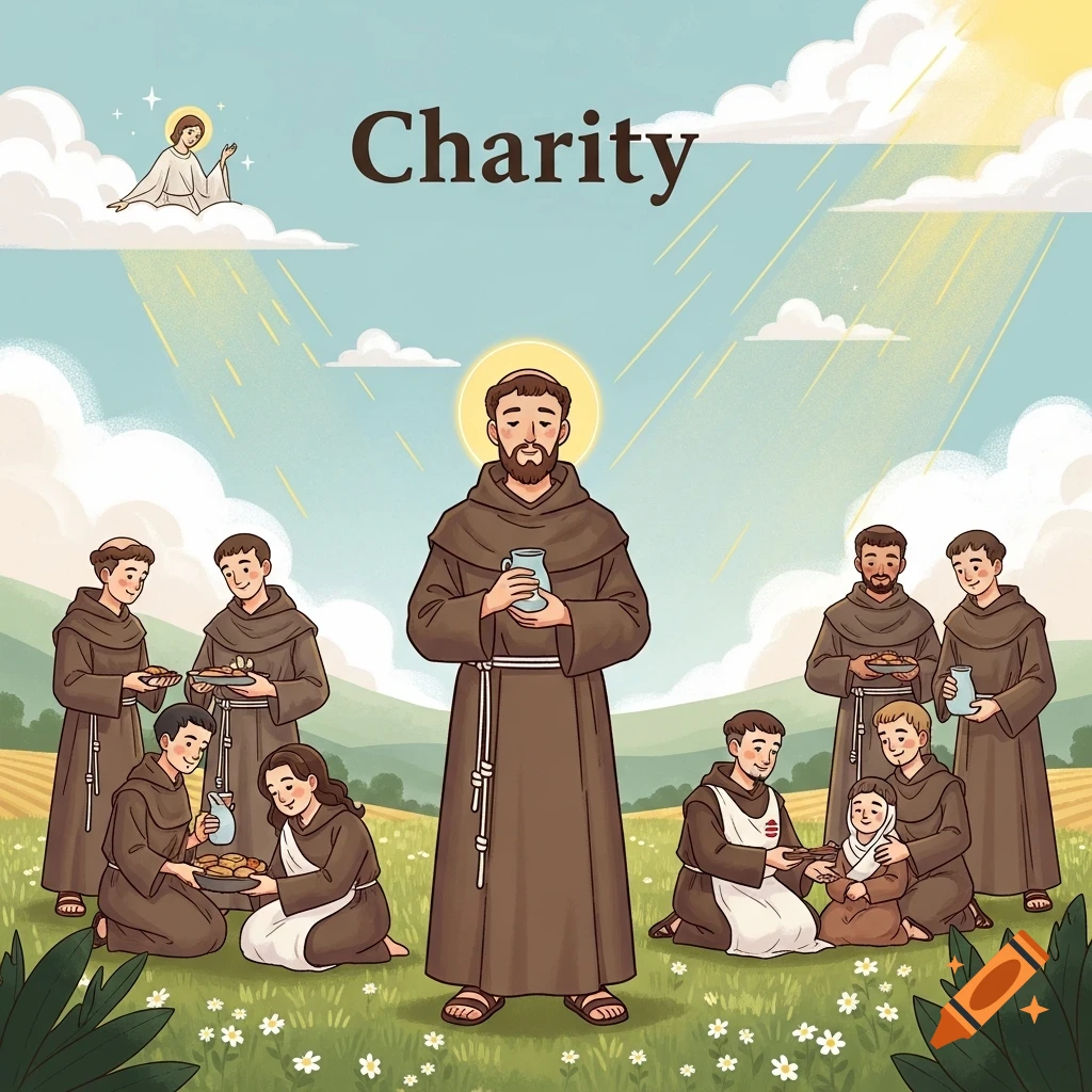 Cartoon illustration titled "Charity" depicting robed friars distributing food and comforting a child in a sunny field, with an angel in the sky.