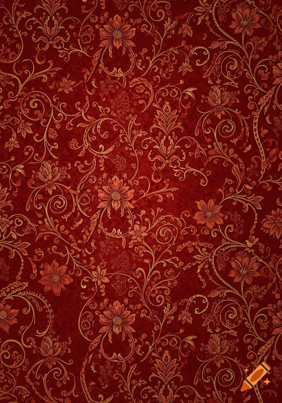 Intricate red and gold floral wallpaper pattern with ornate scrollwork, in an 1880s decorative style.