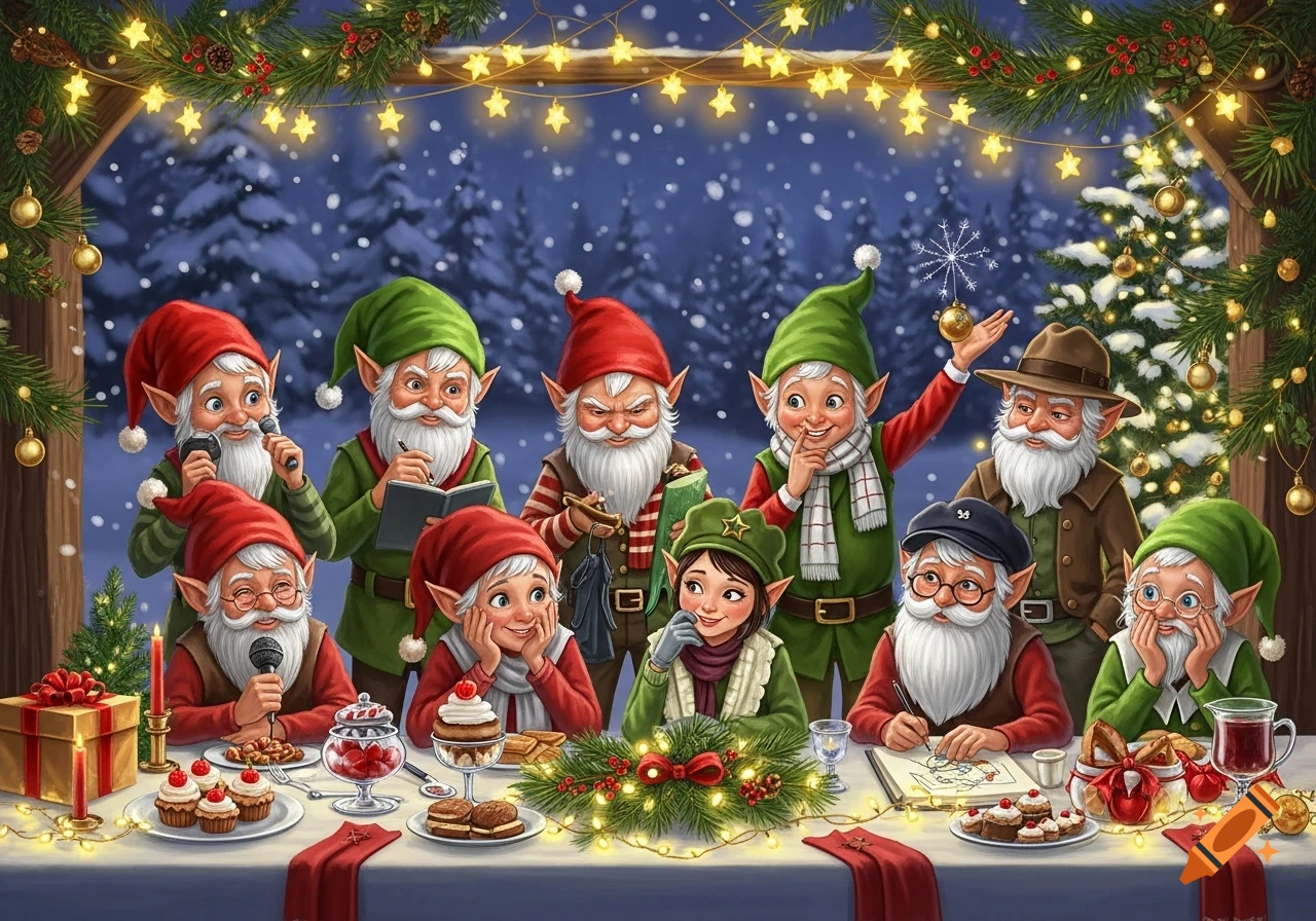 A group of cartoon Christmas gnomes and elves at a festive table with food, drinks, and twinkling lights.