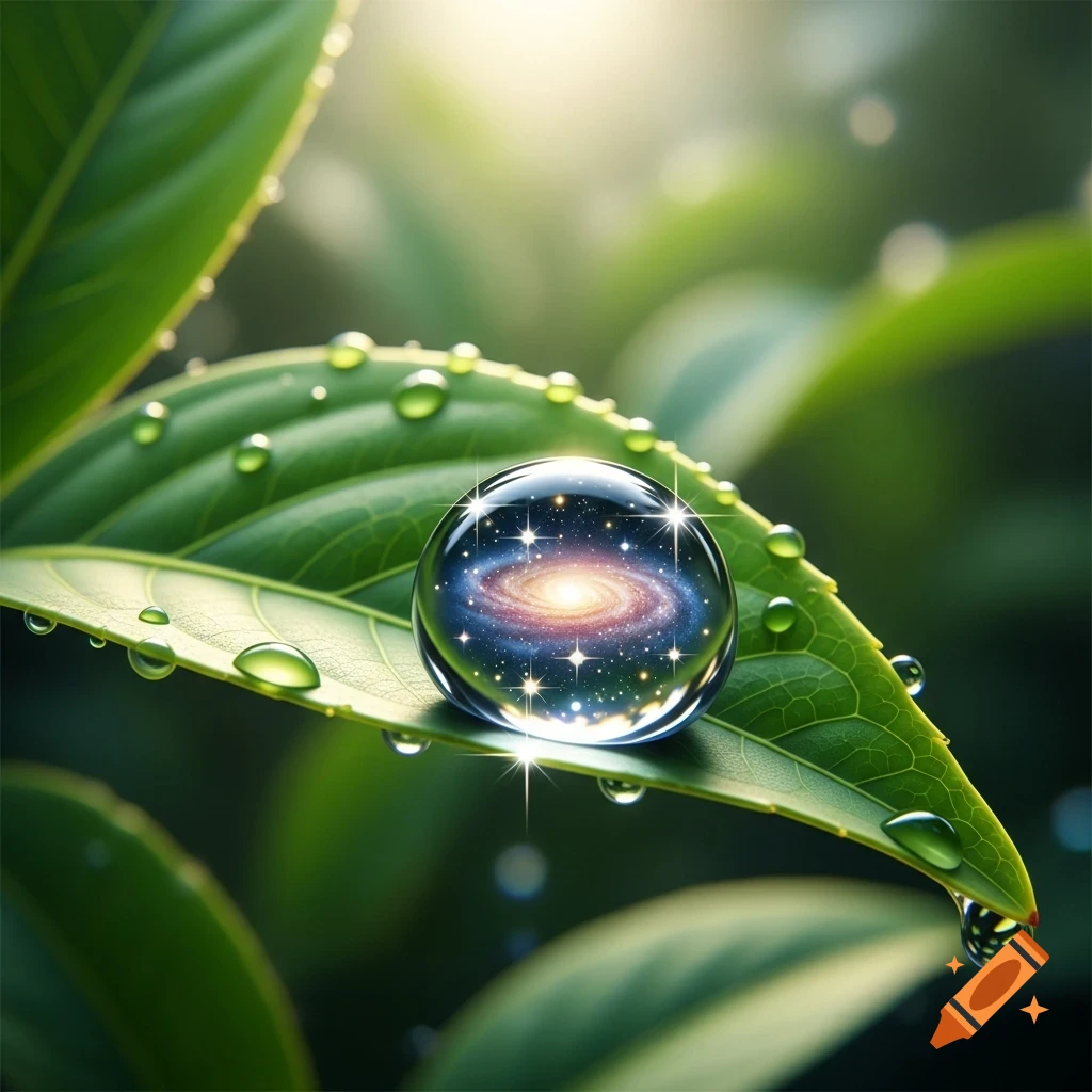 A close-up of a shimmering water droplet on a vibrant green leaf, reflecting a spiral galaxy and stars with sparkling light.